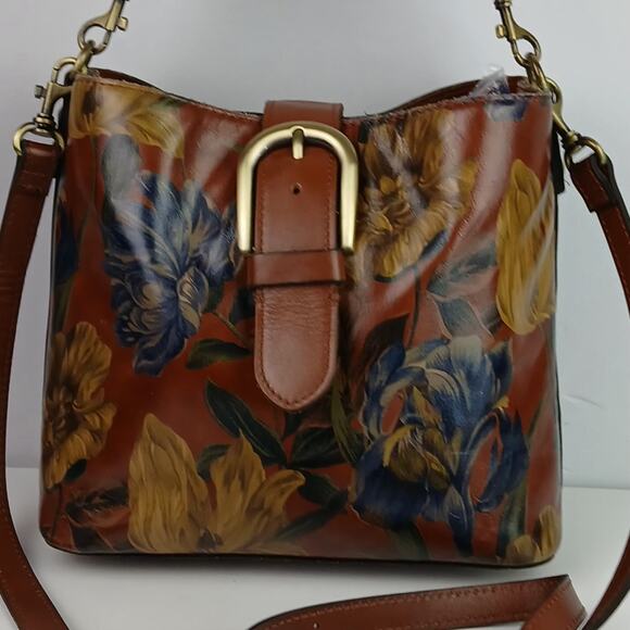 Patricia Nash Leather Irving Flap-Over Handbag Distressed English Garden Brown - Picture 3 of 10